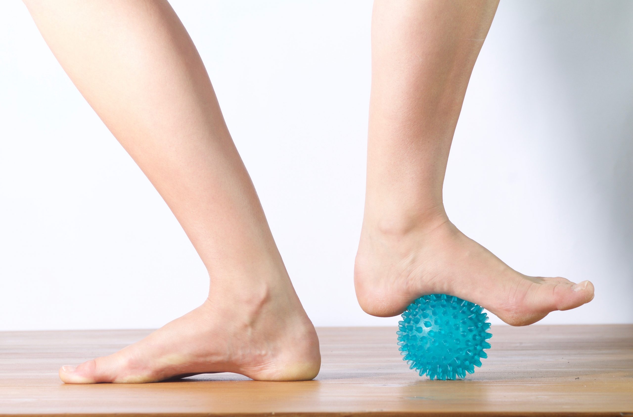 Photo of feet and one of them is on a igelball