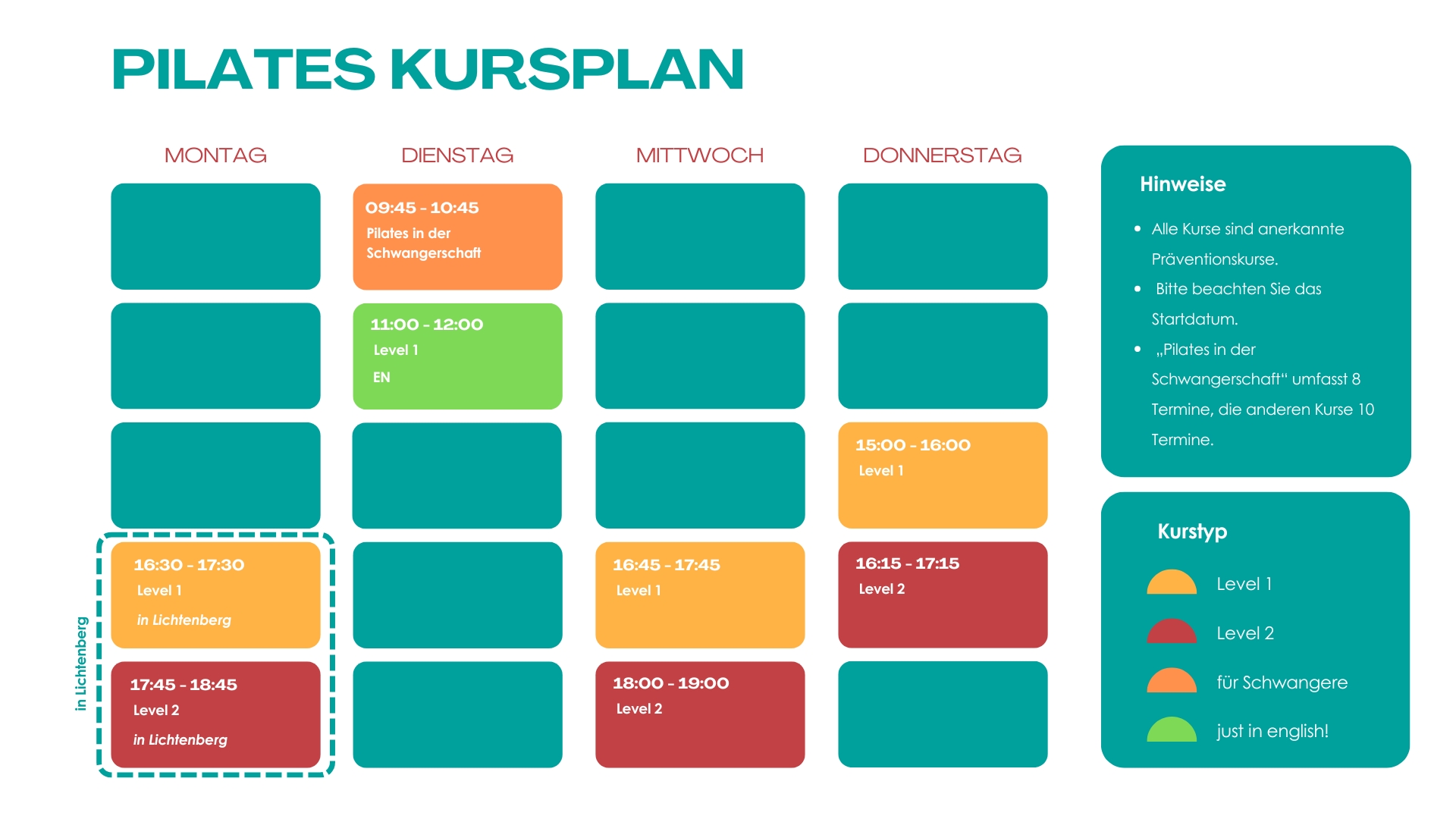 Kursplan Pilates Stundenplan, Stand: 20.05.2026